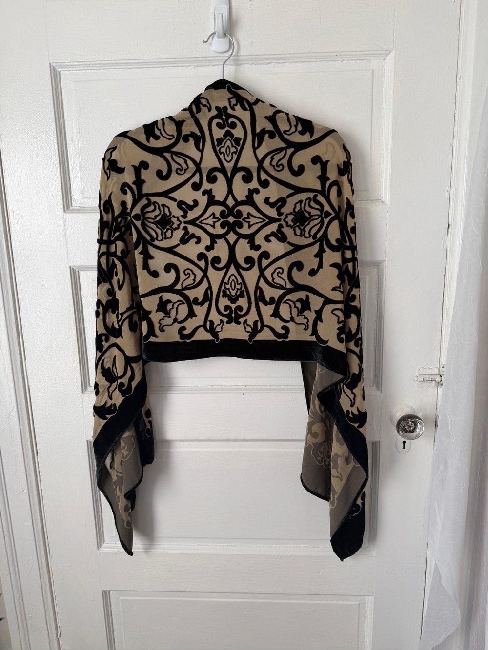 Silk Blend Velvet Burnout Scarf Wrap Beige & Black Damask Paisley Print Regal